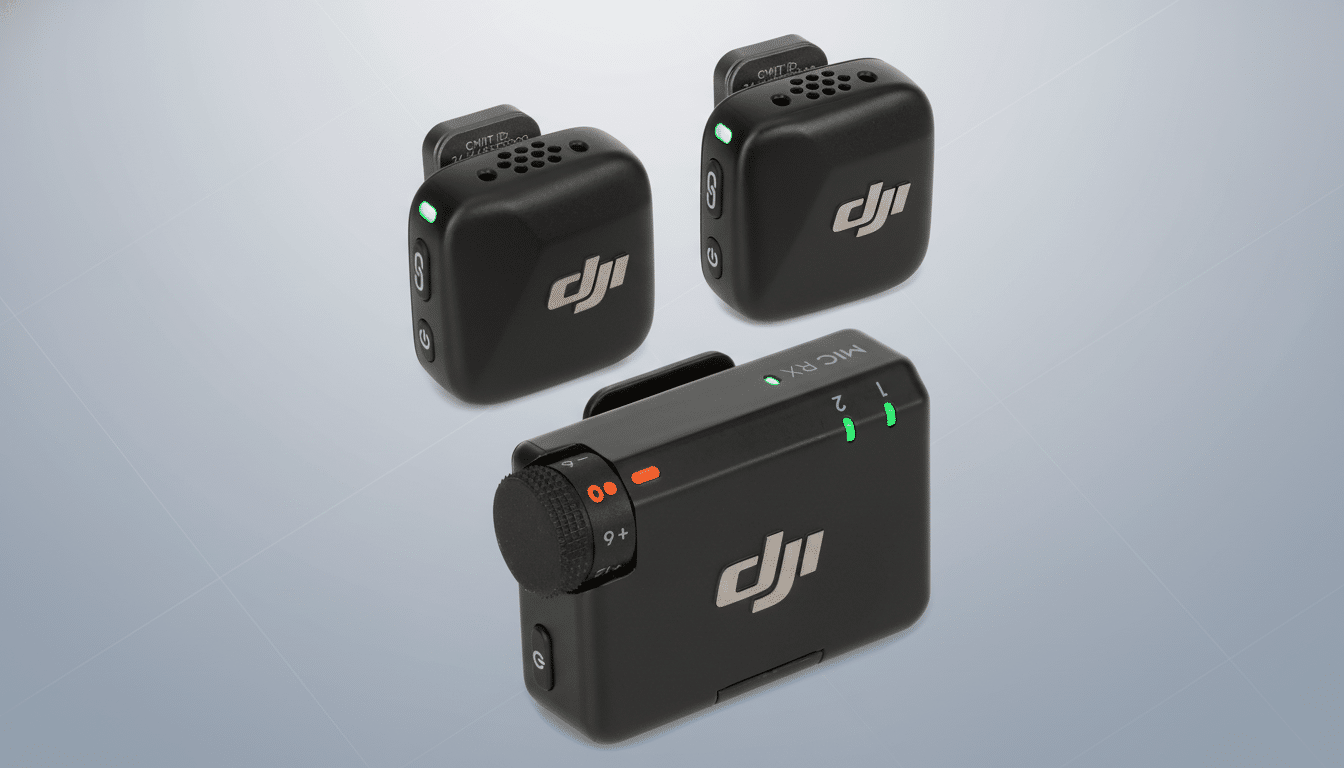 Three black DJI wireless microphone units are displayed against a professional flat gray background with subtle geometric patterns. Two smaller units are positioned at the top, and a larger receiver unit with a control dial and LED indicators is at the bottom.