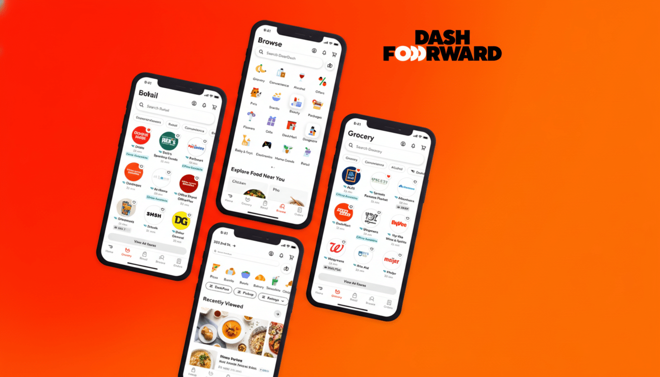 A professional, enhanced image of four smartphones displaying the DoorDash app interface, set against an orange background with the DASH FORWARD logo. The phones show various sections of the app, including browsing categories, grocery options, and recently viewed items.