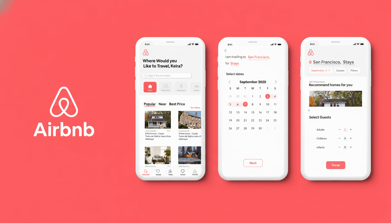 A 16:9 aspect ratio image showcasing the Airbnb logo on a red background next to three iPhone screens displaying the Airbnb app interface. The app screens show a search page, a calendar for selecting dates in September 2020, and a guest selection page for stays in San Francisco.