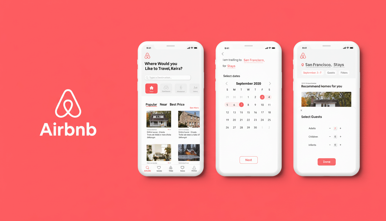 A 16:9 aspect ratio image showcasing the Airbnb logo on a red background next to three iPhone screens displaying the Airbnb app interface. The app screens show a search page, a calendar for selecting dates, and a guest selection page.