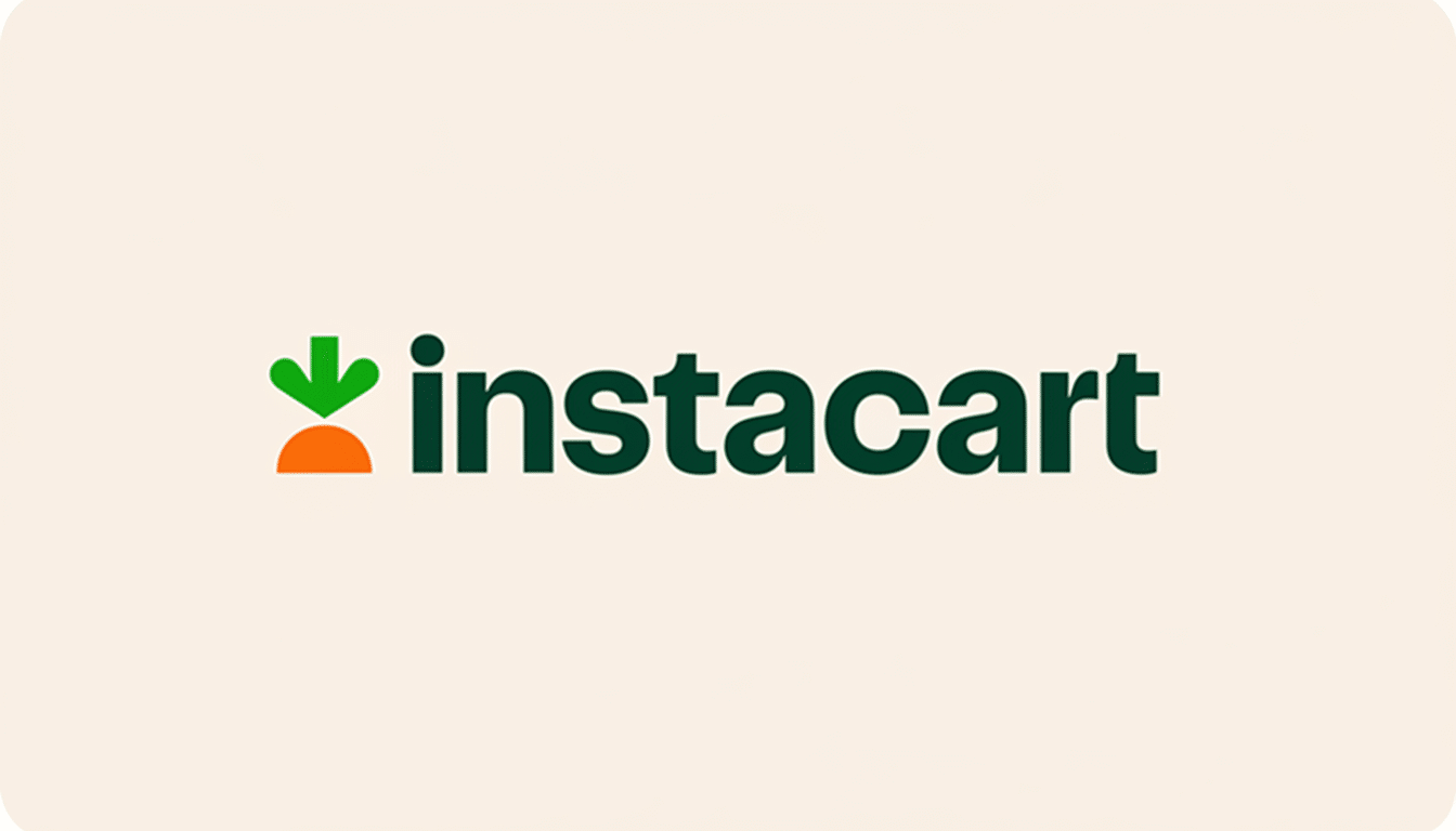 The Instacart logo, featuring a green downward-pointing arrow above an orange carrot shape, followed by the word instacart in dark green text, all set against a light beige background.