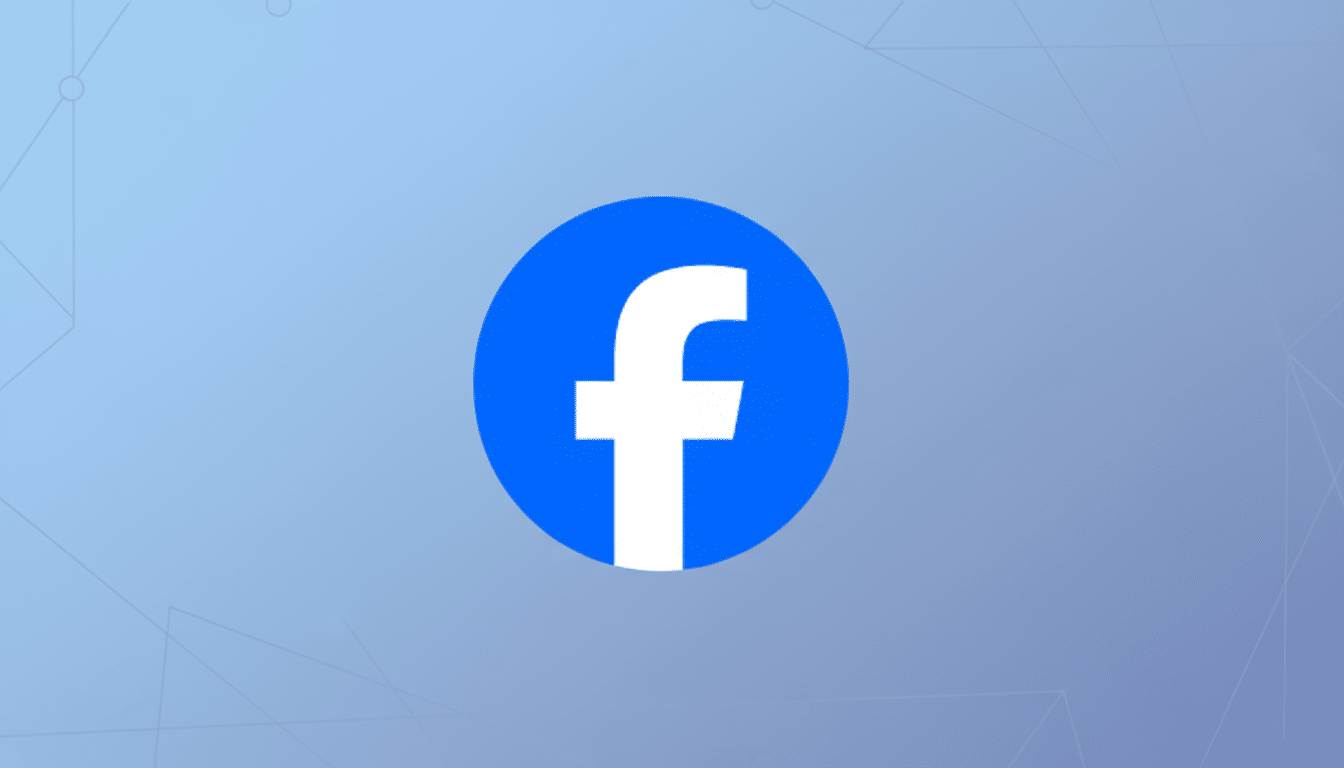 The Facebook f logo in white on a blue circle, centered on a professional light blue background with subtle geometric patterns.