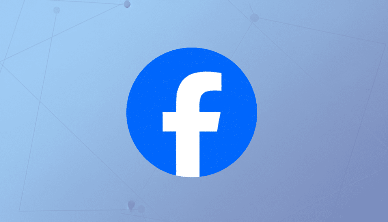 The Facebook f logo in white on a blue circle, centered on a light blue background with a subtle geometric pattern.