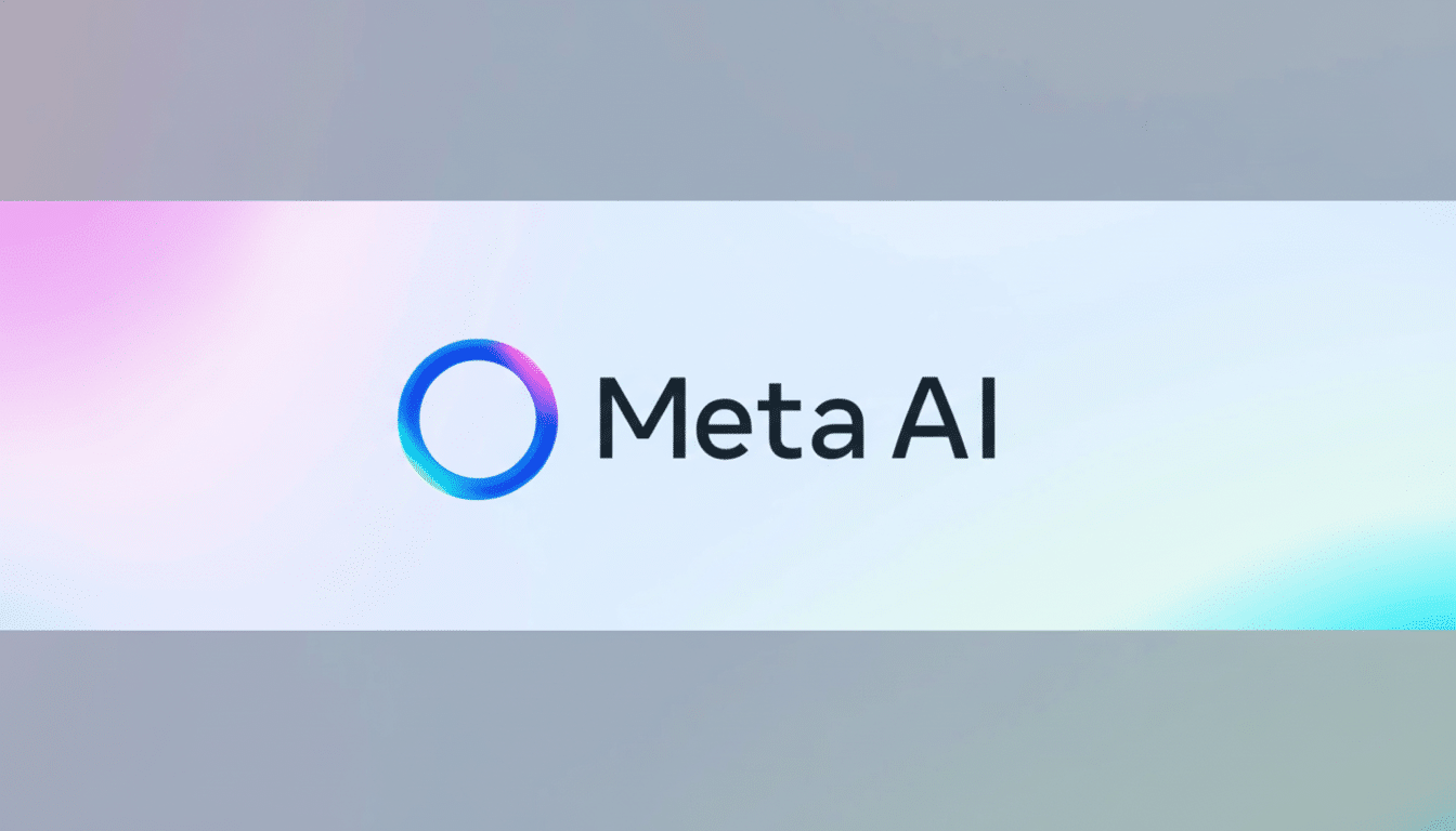 The Meta AI logo, featuring a gradient blue and purple ring next to the text Meta AI, is centered on a light background with soft, blurred pink and blue accents, all set within a 16:9 aspect ratio.