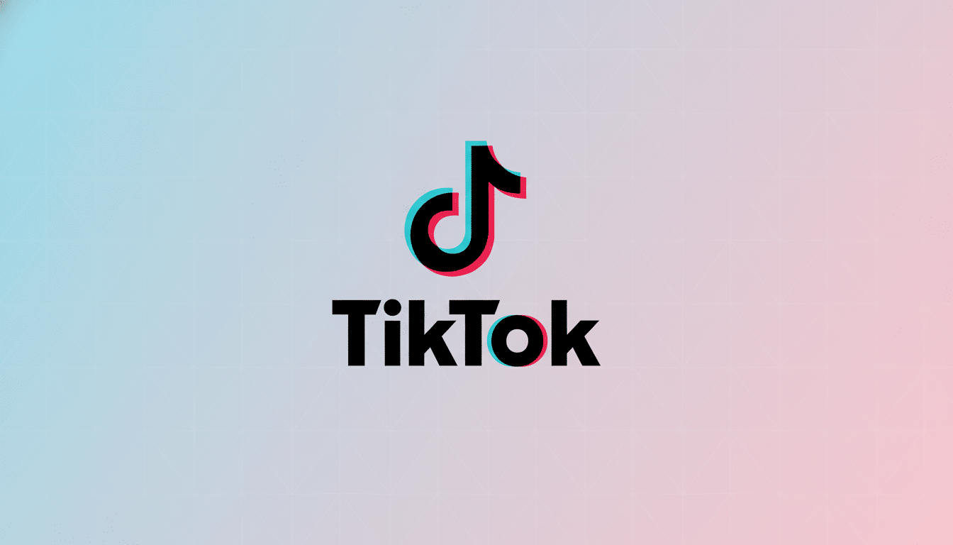 The TikTok logo, featuring a stylized musical note icon with cyan and red color shifts, and the word TikTok in black text, set against a professional 16:9 aspect ratio background with a soft blue and pink gradient and subtle grid pattern.