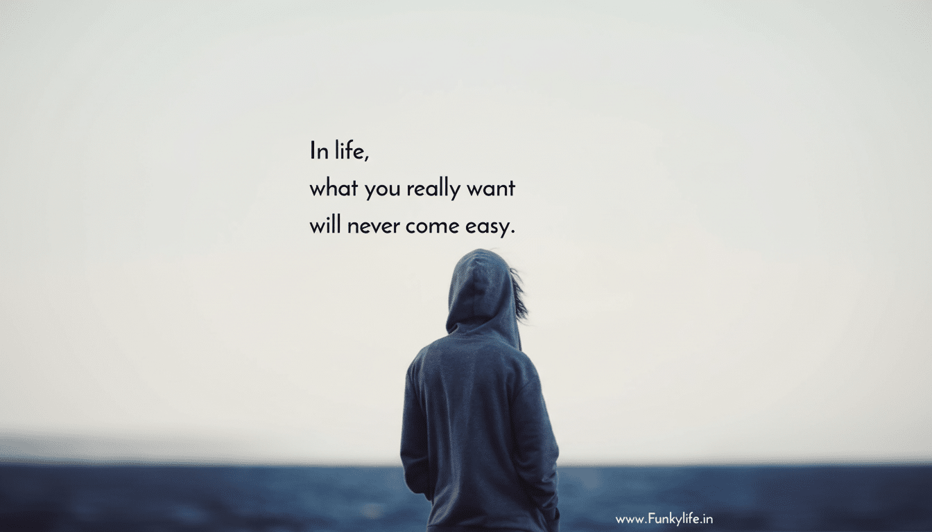 A person in a blue hoodie stands with their back to the viewer, looking out at a blurred horizon. The text In life, what you really want will never come easy. is overlaid on the image.