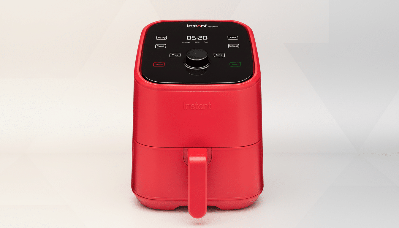 A red Instant Vortex Mini air fryer with a digital display showing 05:20 and various cooking functions, set against a professional flat design background with a soft gradient.