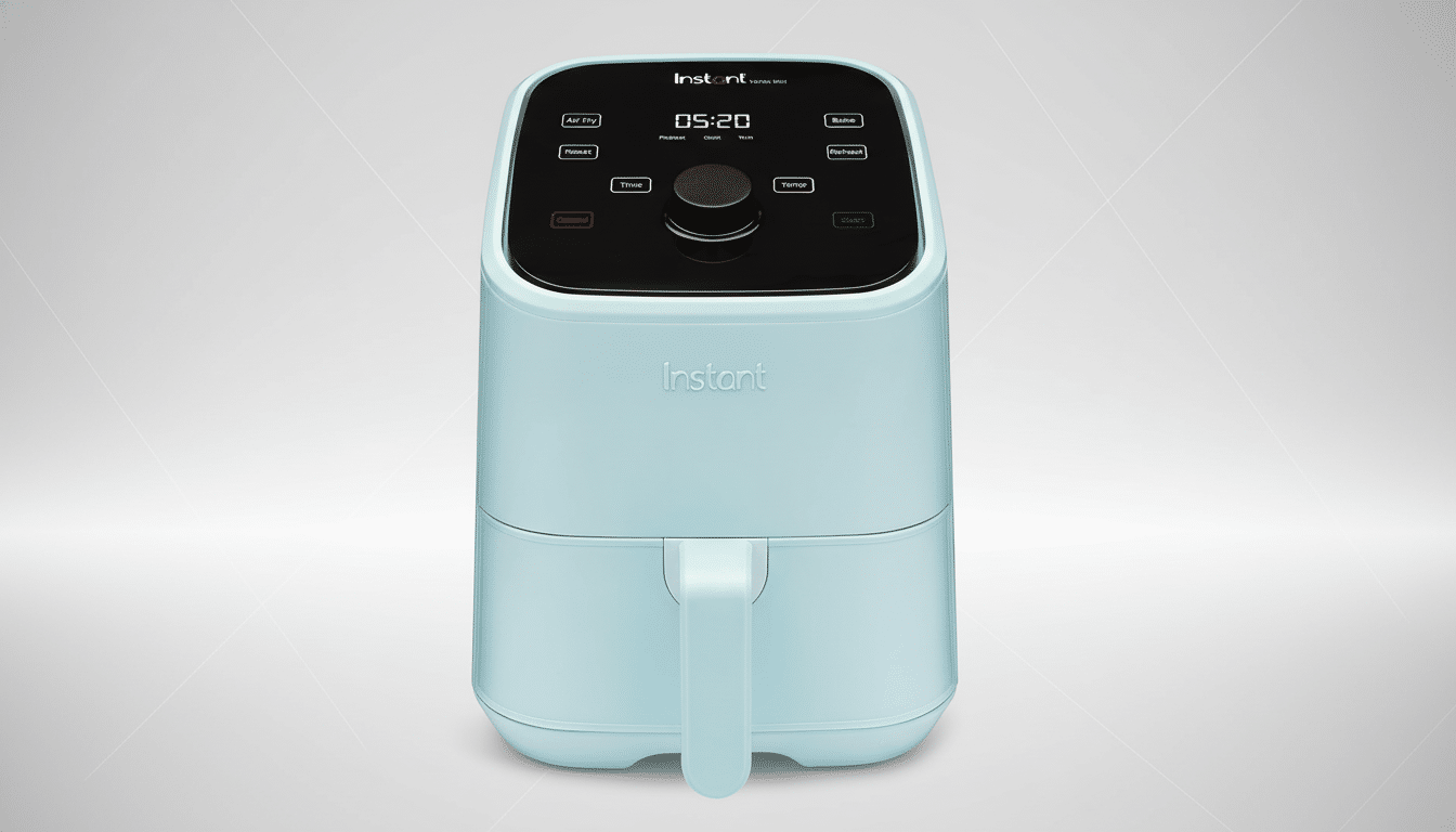 A light blue Instant Vortex Mini air fryer with a black digital display showing 05:20 and various cooking functions, set against a professional flat gray background with subtle diagonal lines.