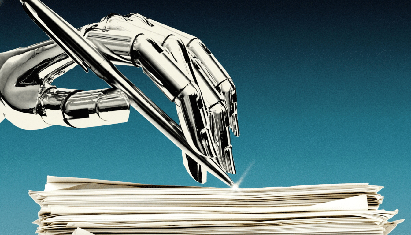 A metallic robot hand holding a pen, poised to write on a stack of papers, against a textured blue background.