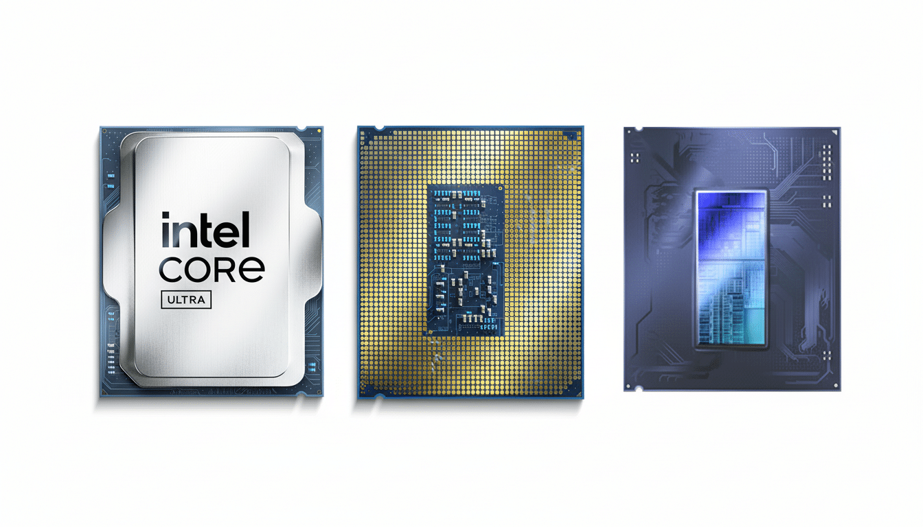 Three views of an Intel Core Ultra processor, including the top with intel CORE ULTRA text, the bottom with gold pins, and a close-up of the chips internal structure.