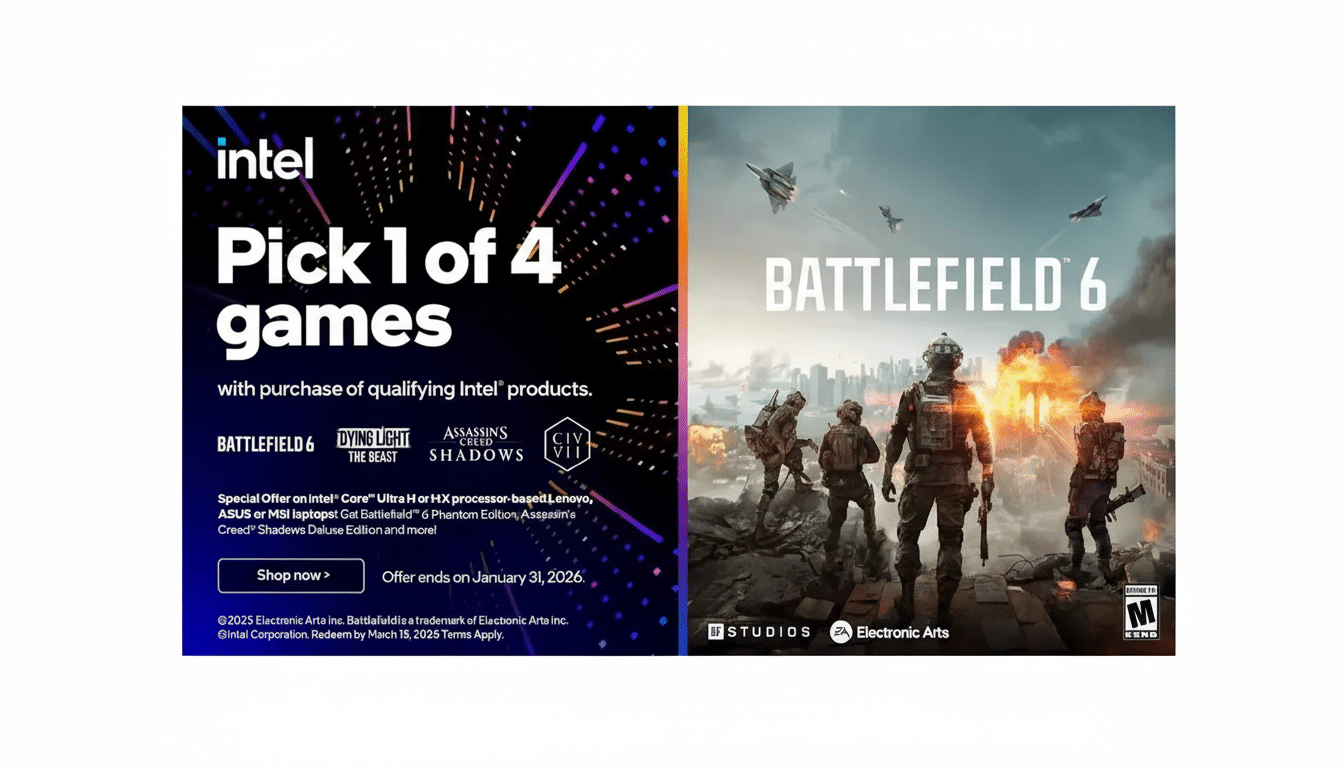 A 16:9 aspect ratio image featuring two distinct panels. The left panel, on a dark background with purple and blue light streaks, advertises Intel Pick 1 of 4 games with game titles like Battlefield 6, Dying Light The Beast, Assassins Creed Shadows, and Civ VI. The right panel displays the cover art for Battlefield 6, showing soldiers in a war-torn city with fighter jets in the sky.