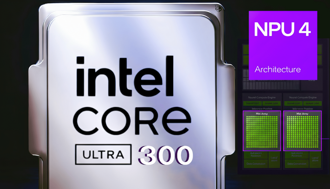 A close-up of an Intel Core Ultra 300 processor with NPU 4 Architecture displayed in purple on the right, resized to a 16:9 aspect ratio.