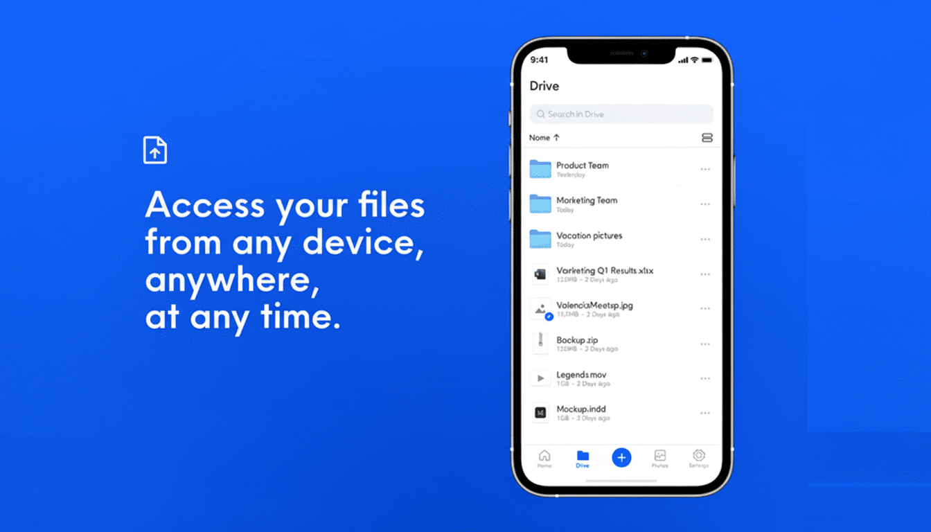 A smartphone displaying a file management app with the text Access your files from any device, anywhere, at any time. on a blue background.