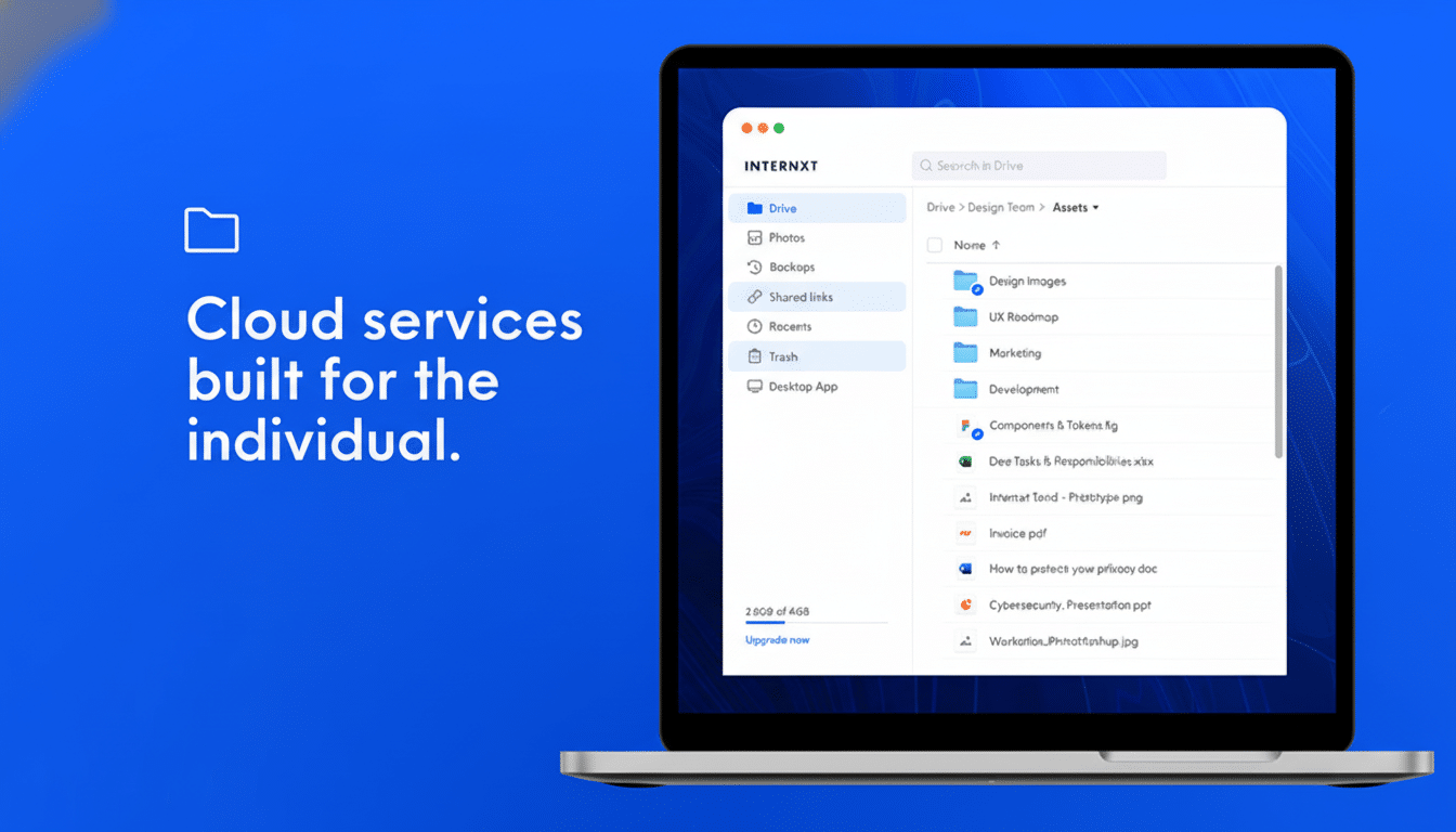 A laptop displaying the Internxt cloud service interface, with the text Cloud services built for the individual. on a blue background.