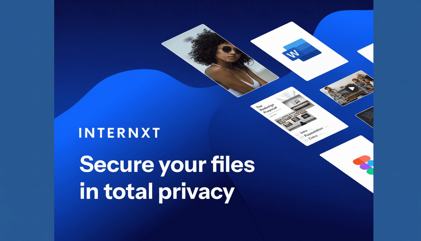 A professionally enhanced image with a 16:9 aspect ratio, featuring the Internxt logo and the text Secure your files in total privacy on a blue background. Several floating screens display various files and applications, including a woman in sunglasses, a Microsoft Word document, a design proposal, and other app icons.