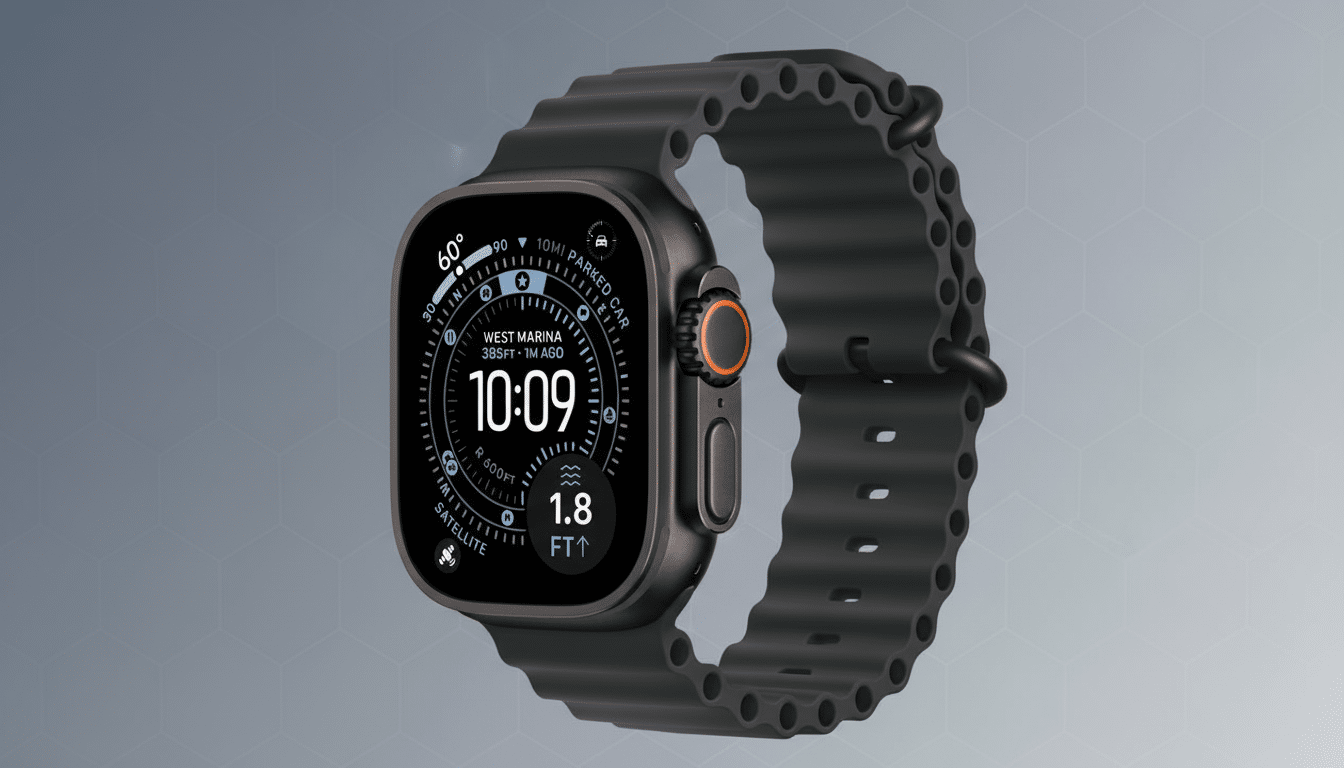 A dark gray Apple Watch Ultra with a black wavy band is displayed against a professional gray gradient background. The watch face shows the time 10:09, a compass, and other metrics.