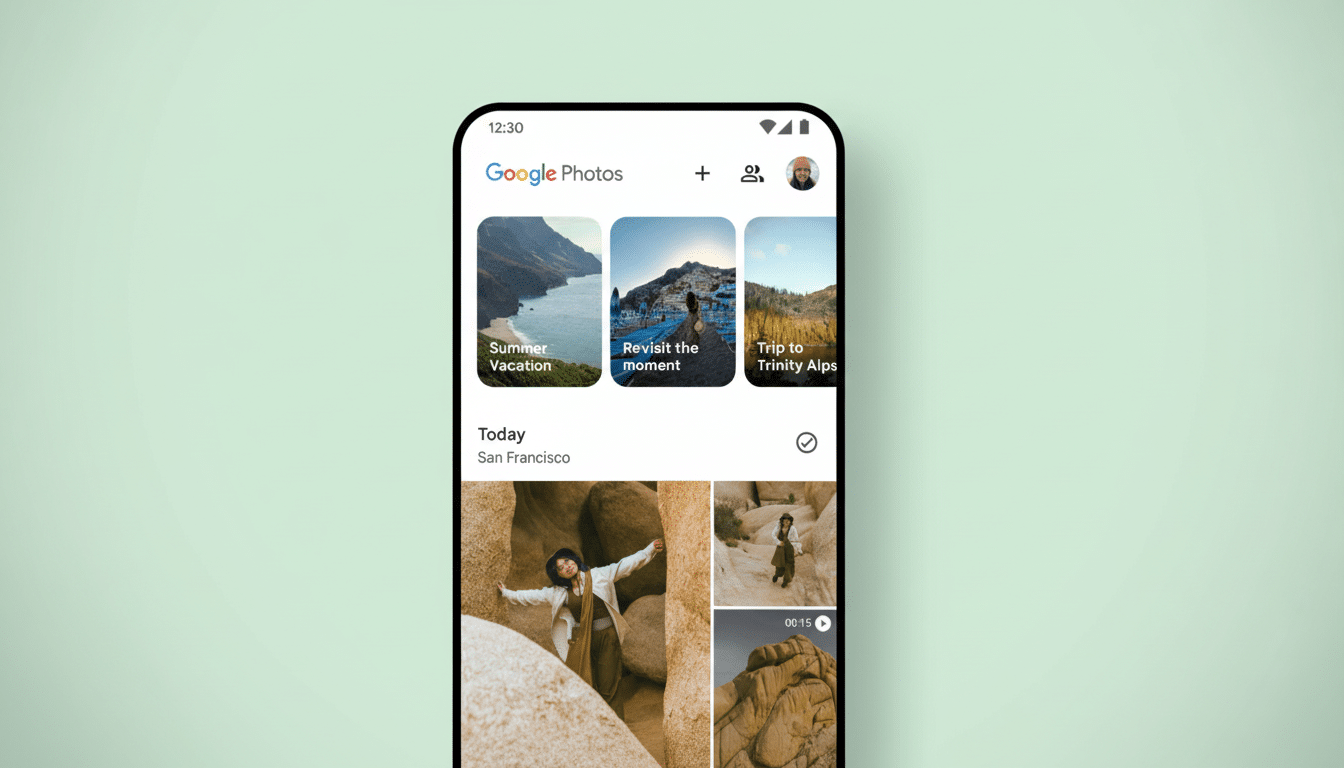 A smartphone displaying the Google Photos app interface, showcasing various photo albums and individual pictures, with a persons profile icon visible at the top right.
