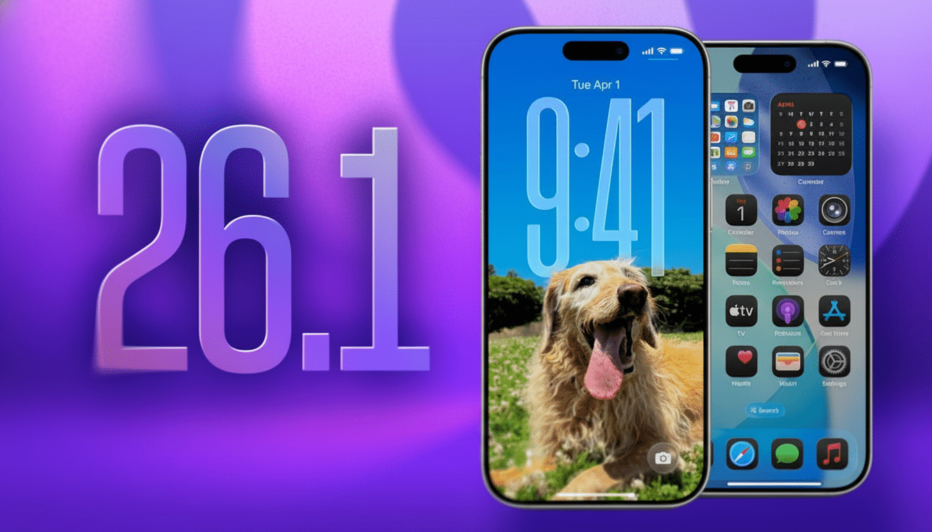 An iPhone 14 Pro Max displaying a golden retriever on its lock screen, next to another iPhone showing the home screen with various app icons. The background features a large 26.1 in purple.