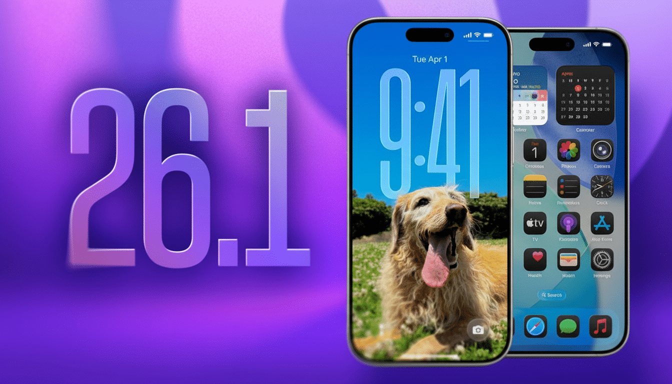 An iPhone 15 Pro Max displaying a golden retriever on its lock screen, next to another iPhone 15 Pro Max showing its home screen with various app icons. The background features a large 26.1 in a purple gradient.