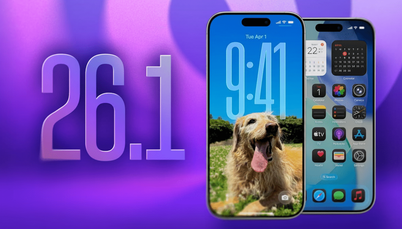 Two iPhones displayed against a purple background with the text 26.1. The front iPhone shows a golden retriever on its lock screen, and the second iPhone shows various app icons.