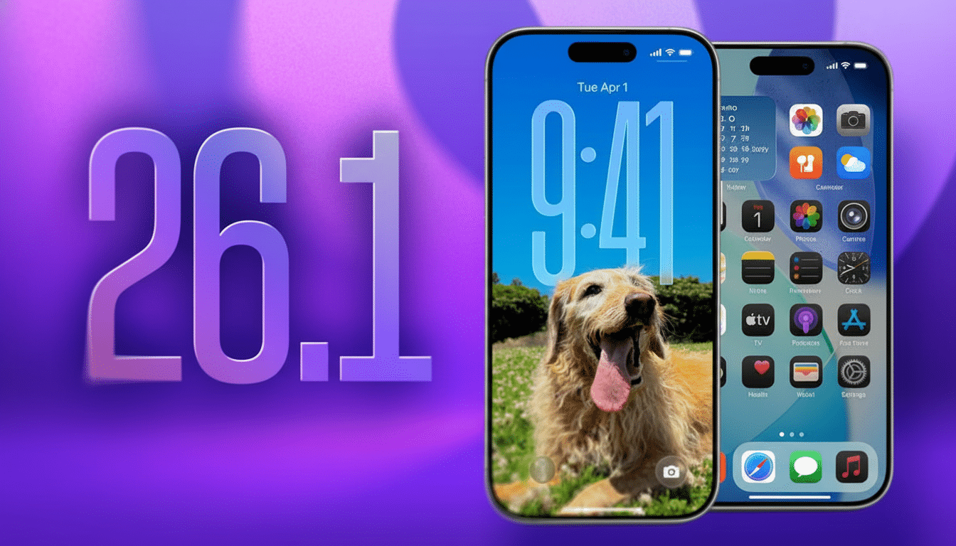 An image featuring two iPhones with a large 26.1 in the background. The left iPhone displays a golden retriever on its lock screen, while the right iPhone shows various app icons on its home screen. The background is a gradient of purple hues.