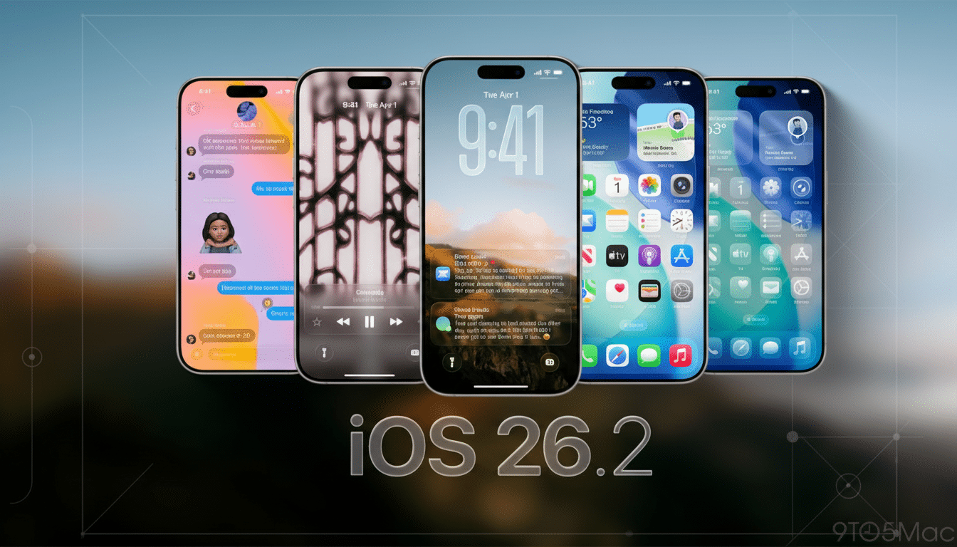 Five iPhones displaying different iOS screens, with iOS 26.2 text below them, set against a blurred background.