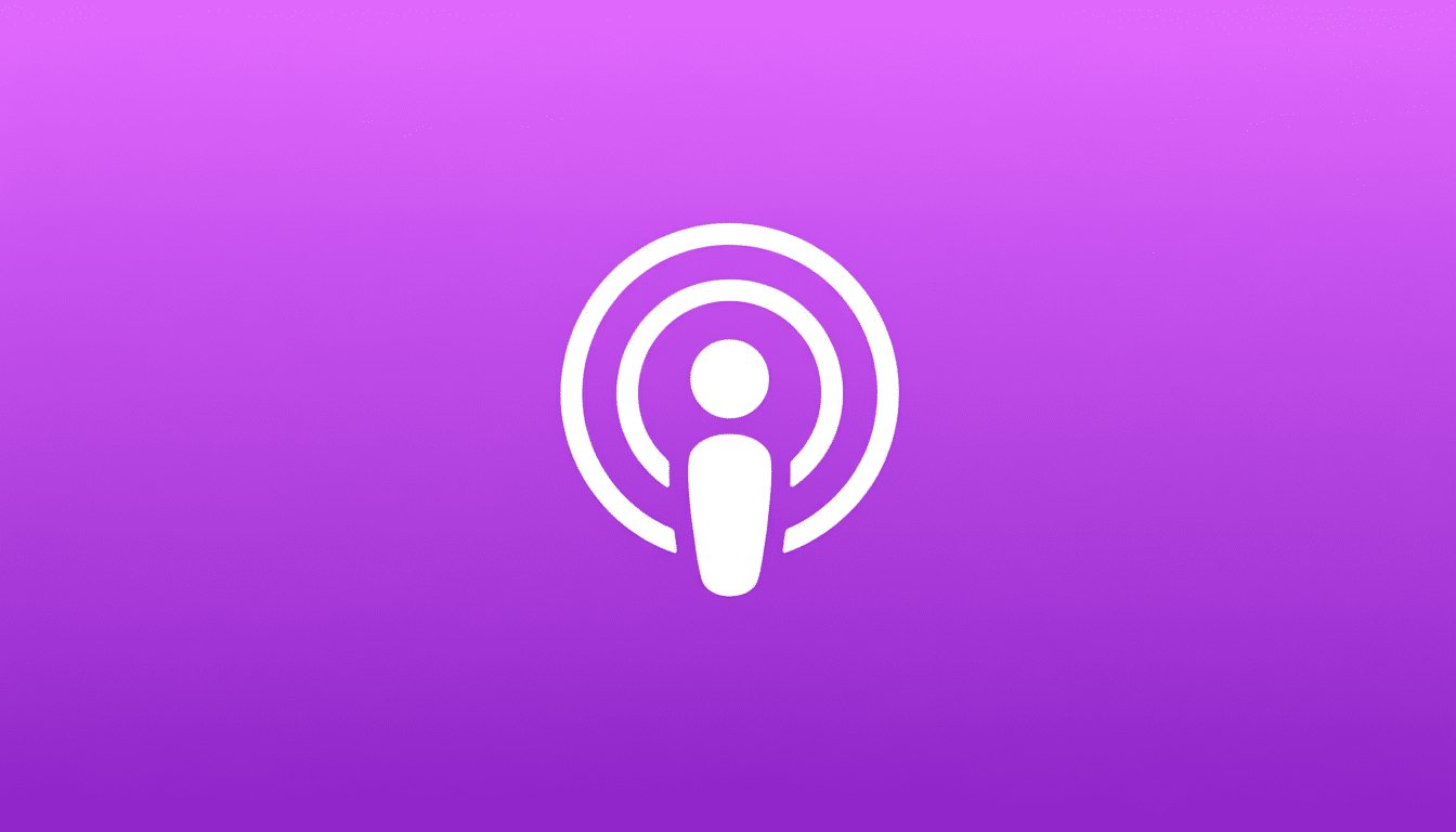 A white podcast icon on a purple gradient background, resized to a 16:9 aspect ratio.