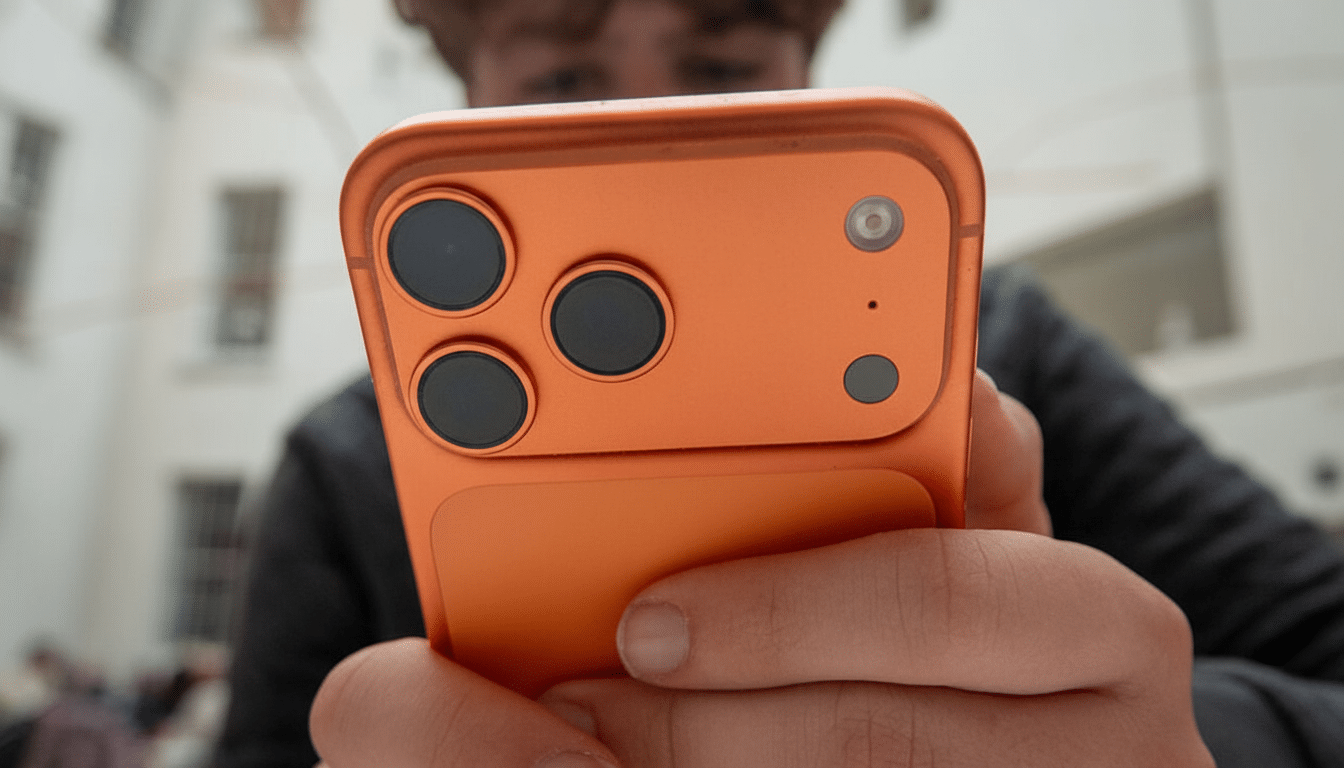 A person holding an orange smartphone with three camera lenses visible on the back, resized to a 16:9 aspect ratio.