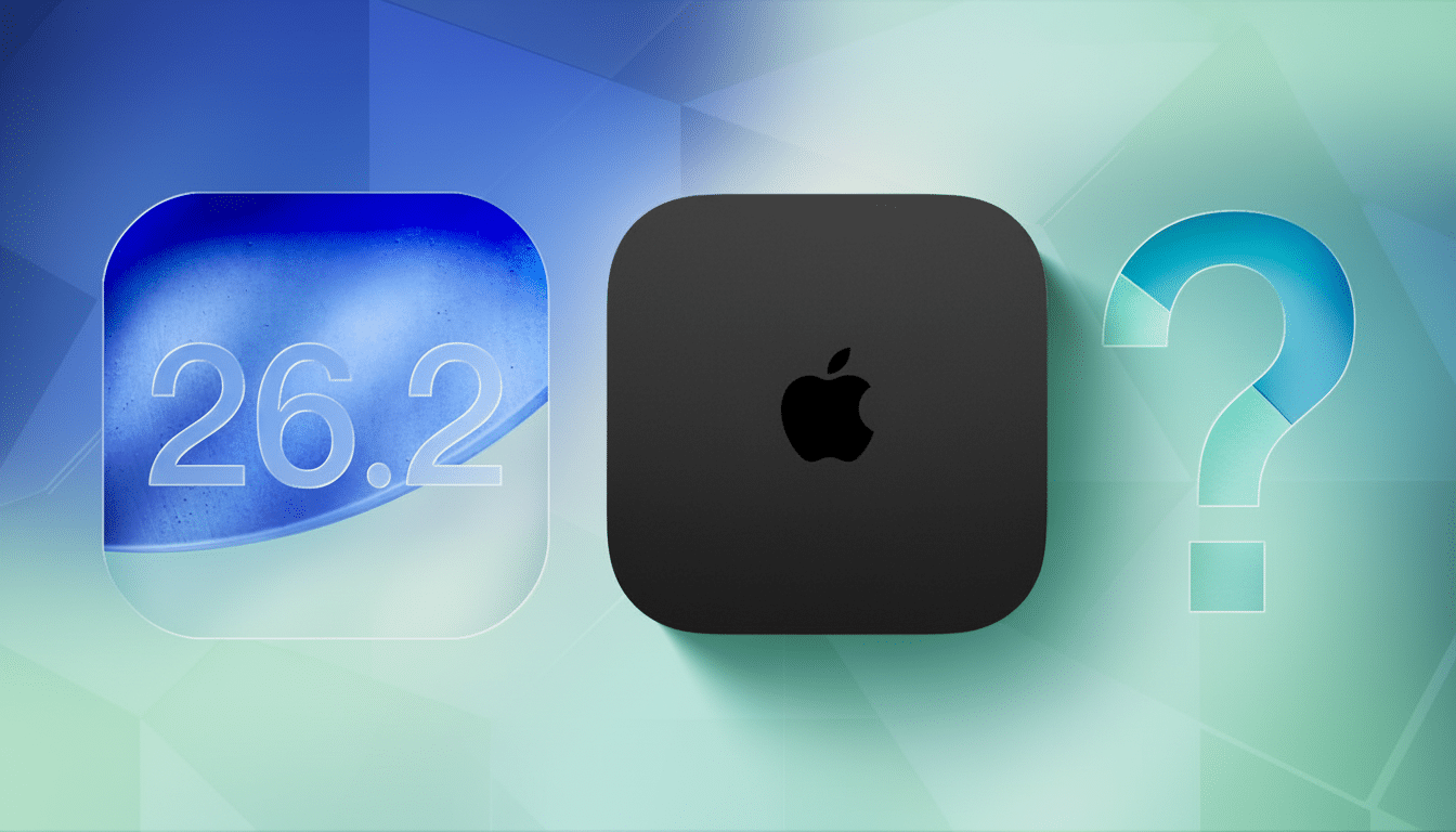 An image with a 16:9 aspect ratio showing a blue square with 26.2 on the left, a black Apple TV device in the center, and a blue question mark on the right, all against a gradient background.
