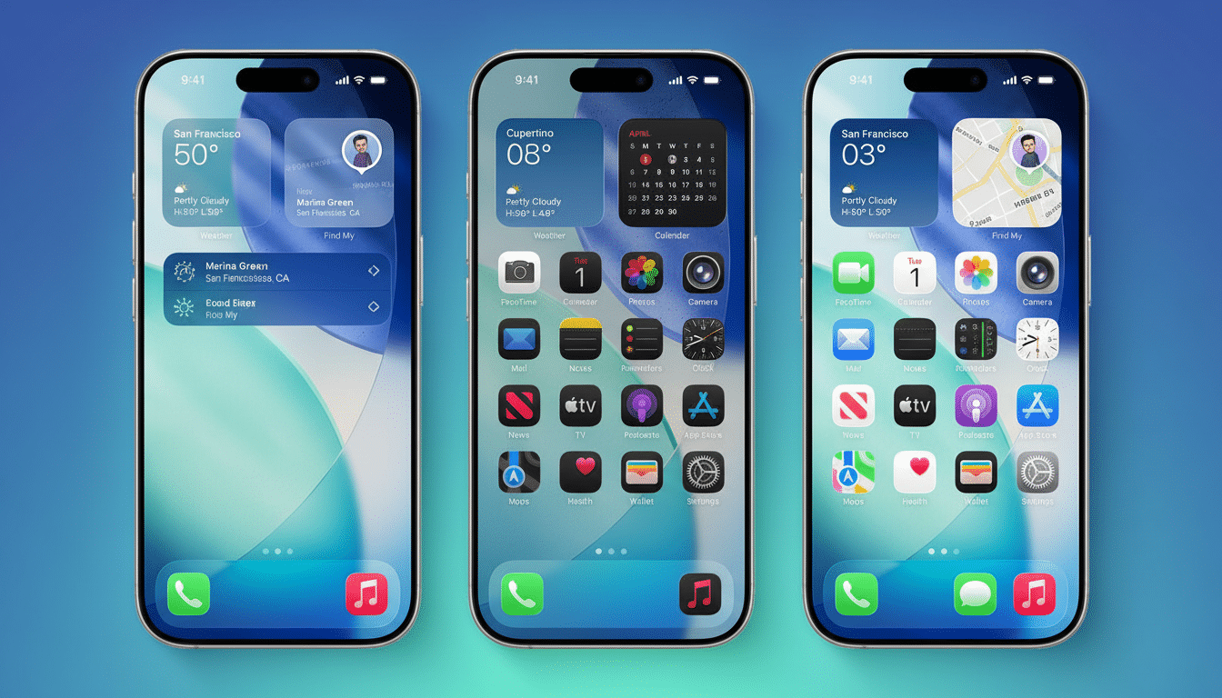 Three iPhones displaying different home screens with various widgets and app icons, set against a blue gradient background.
