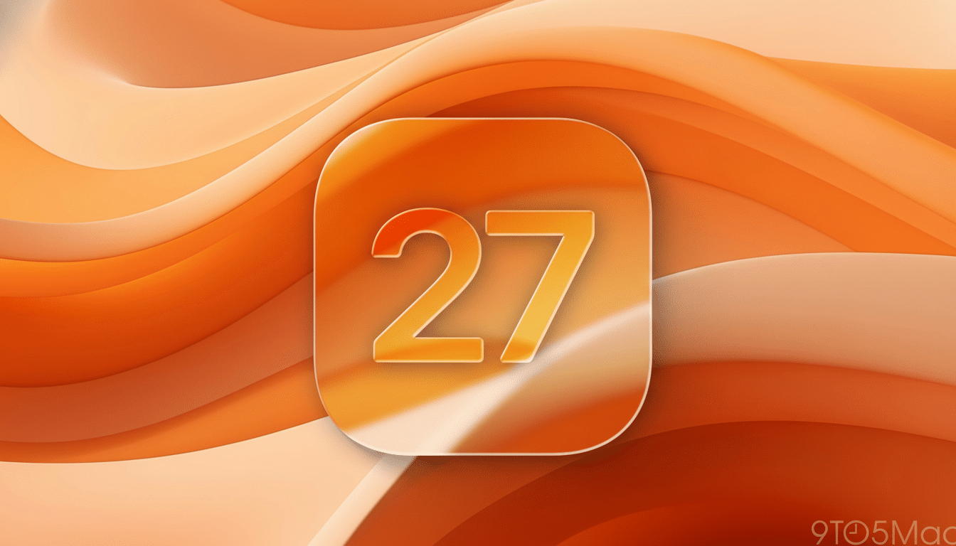 A 16:9 aspect ratio image featuring a rounded square icon with the number 27 in orange, set against a background of flowing orange and peach waves.