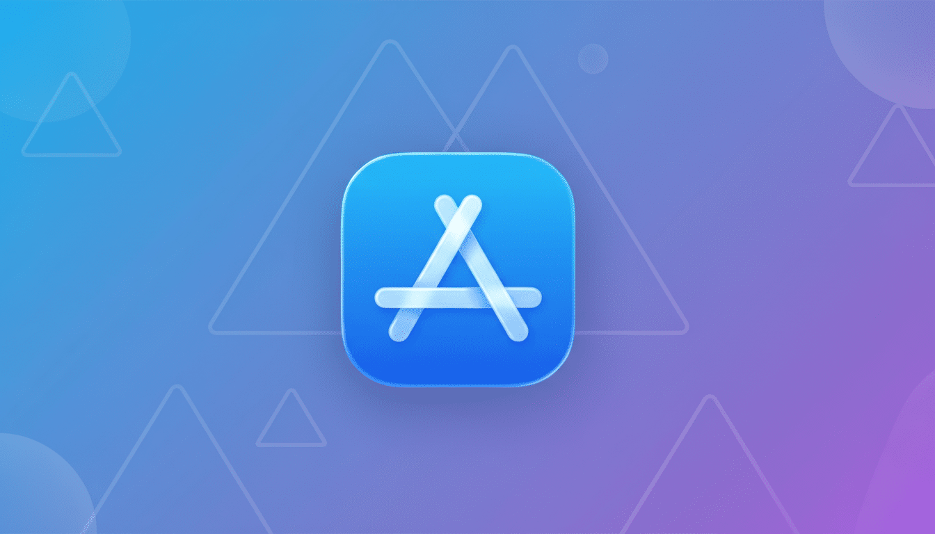 The App Store icon, a rounded blue square with a white stylized A made of three intersecting lines, centered on a professional 16:9 background with a soft blue and purple gradient and subtle geometric patterns.