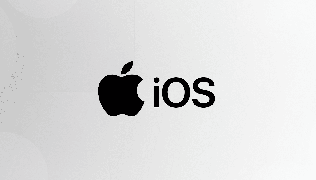 The Apple iOS logo, featuring a black Apple icon next to the word iOS in black, centered on a professional light gray background with subtle geometric patterns.