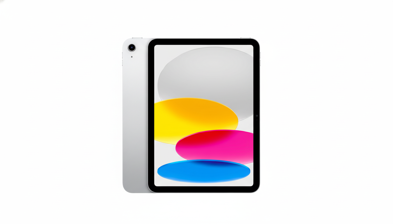 A white iPad with a colorful screen display, set against a clean white background.