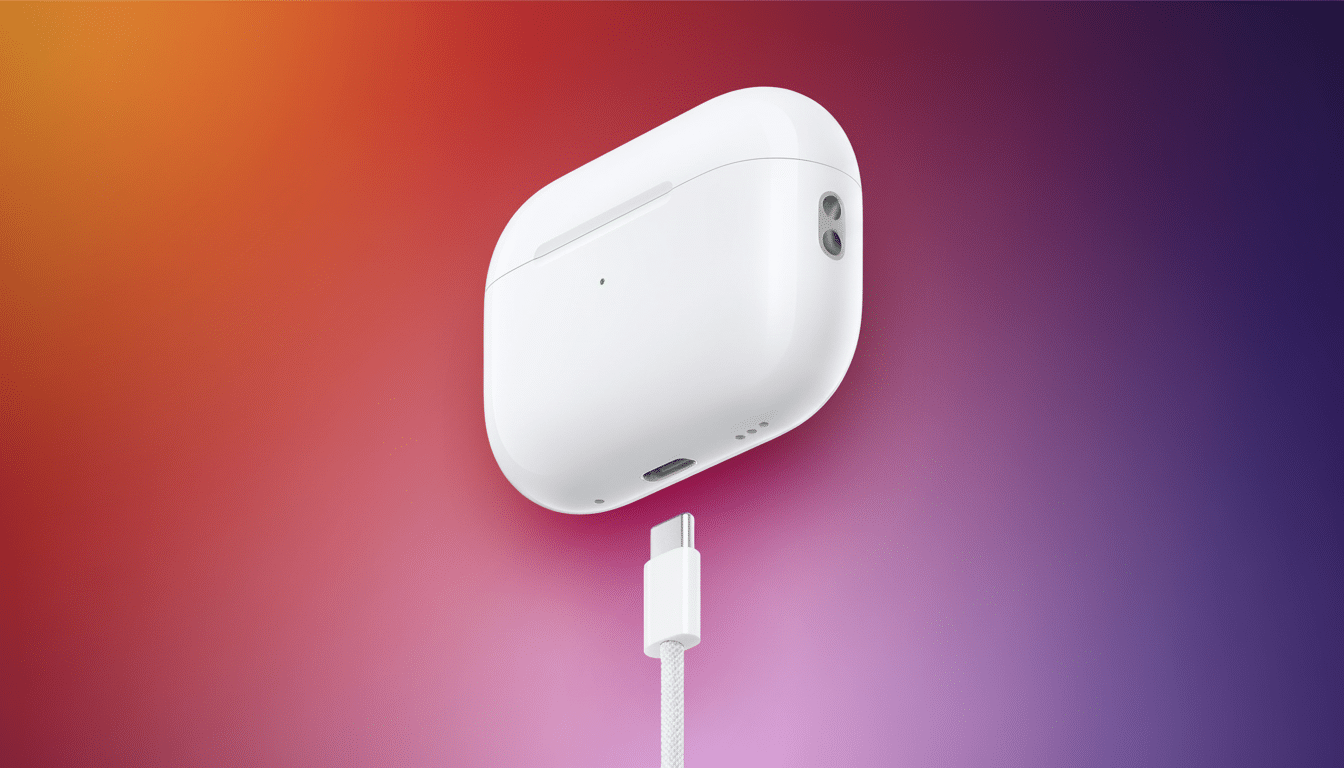 A white AirPods Pro charging case with a white USB-C cable plugged into the bottom, set against a vibrant gradient background of red, orange, and purple.