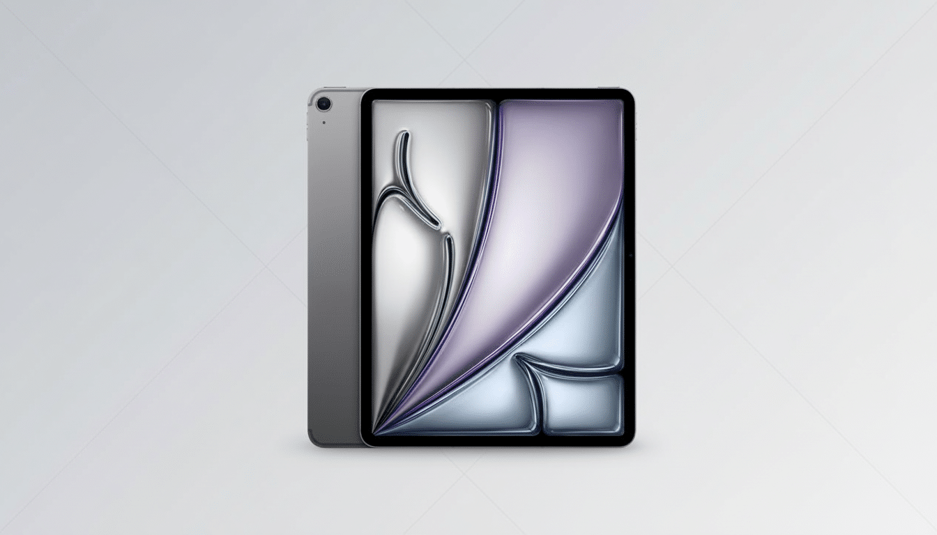 A gray iPad Pro with a screen displaying an abstract design in silver, purple, and blue, set against a light gray background with a subtle gradient.
