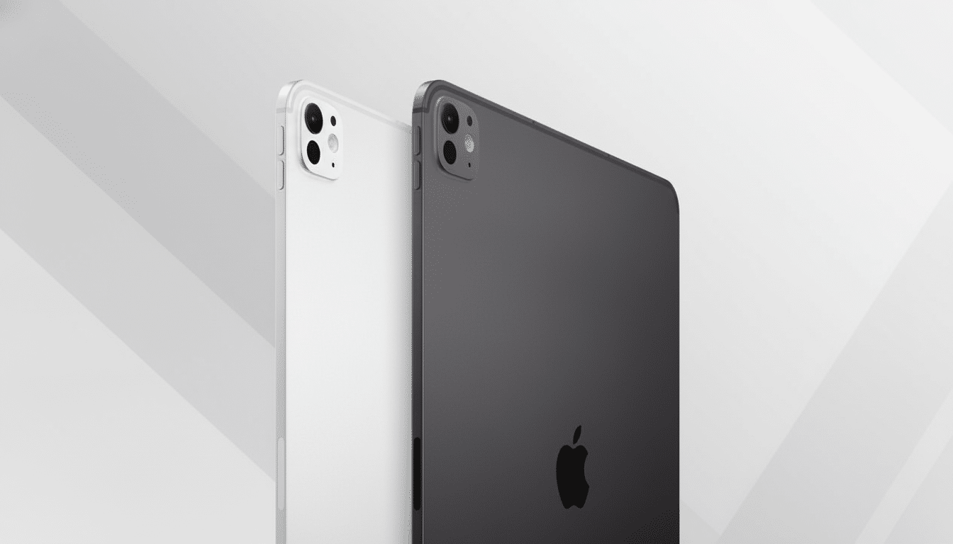 Two iPads, one white and one space gray, are shown from the back at an angle, with a subtle patterned background.