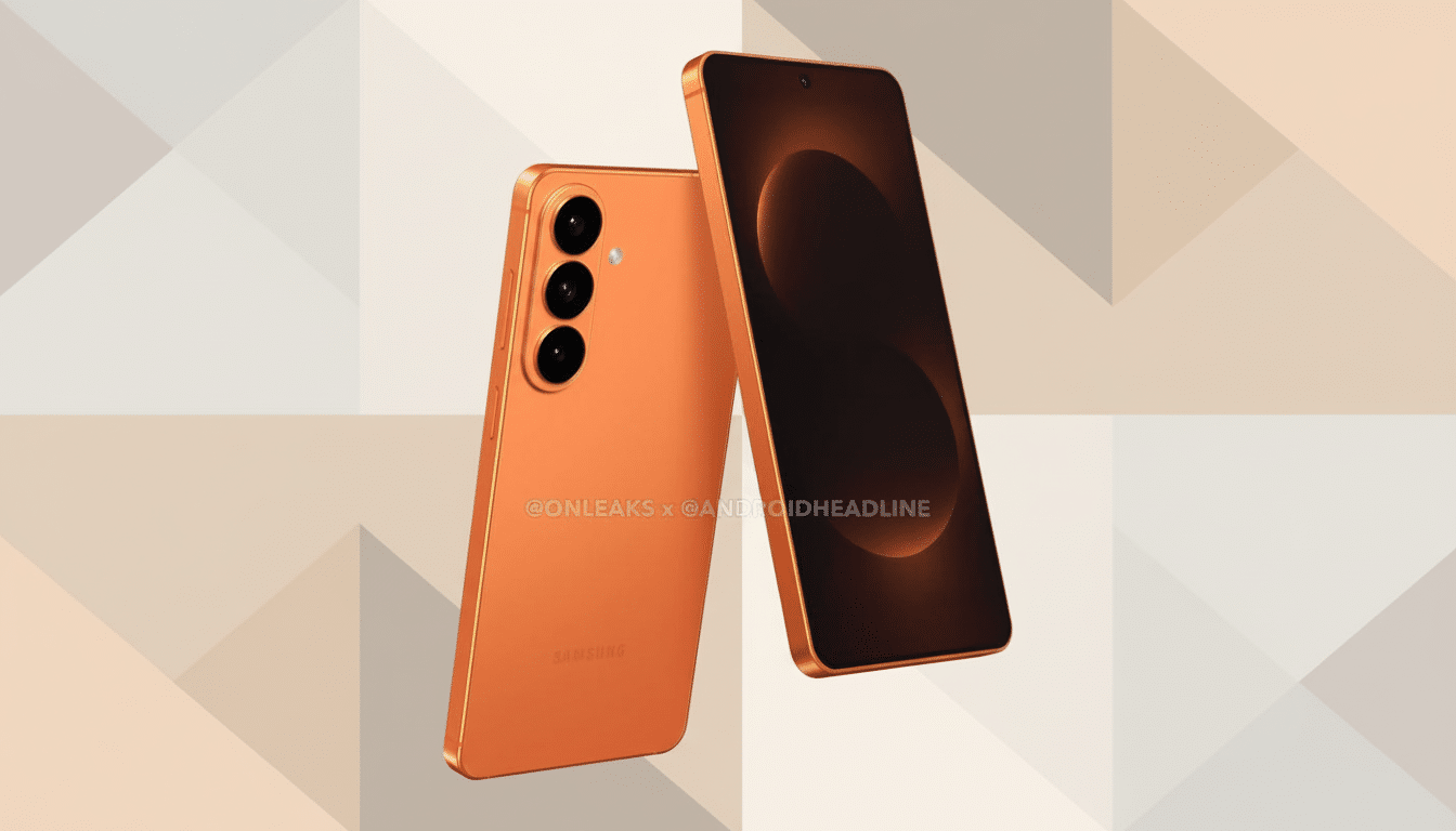 A 16:9 aspect ratio image of two orange Samsung smartphones, one facing forward and one facing backward, against a professional flat design background with soft geometric patterns in shades of orange and beige.