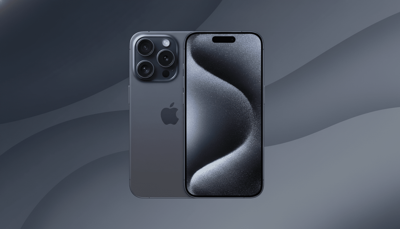 A dark gray iPhone 15 Pro Max, shown from the back and front, against a professional flat design background with soft gray patterns.
