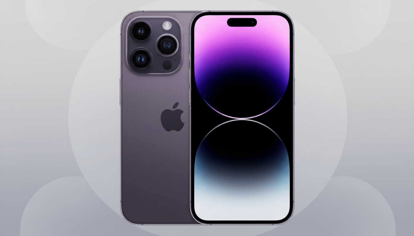 A professional 16:9 aspect ratio image of a purple iPhone, showcasing both its front and back, against a subtle gray background with soft circular patterns.