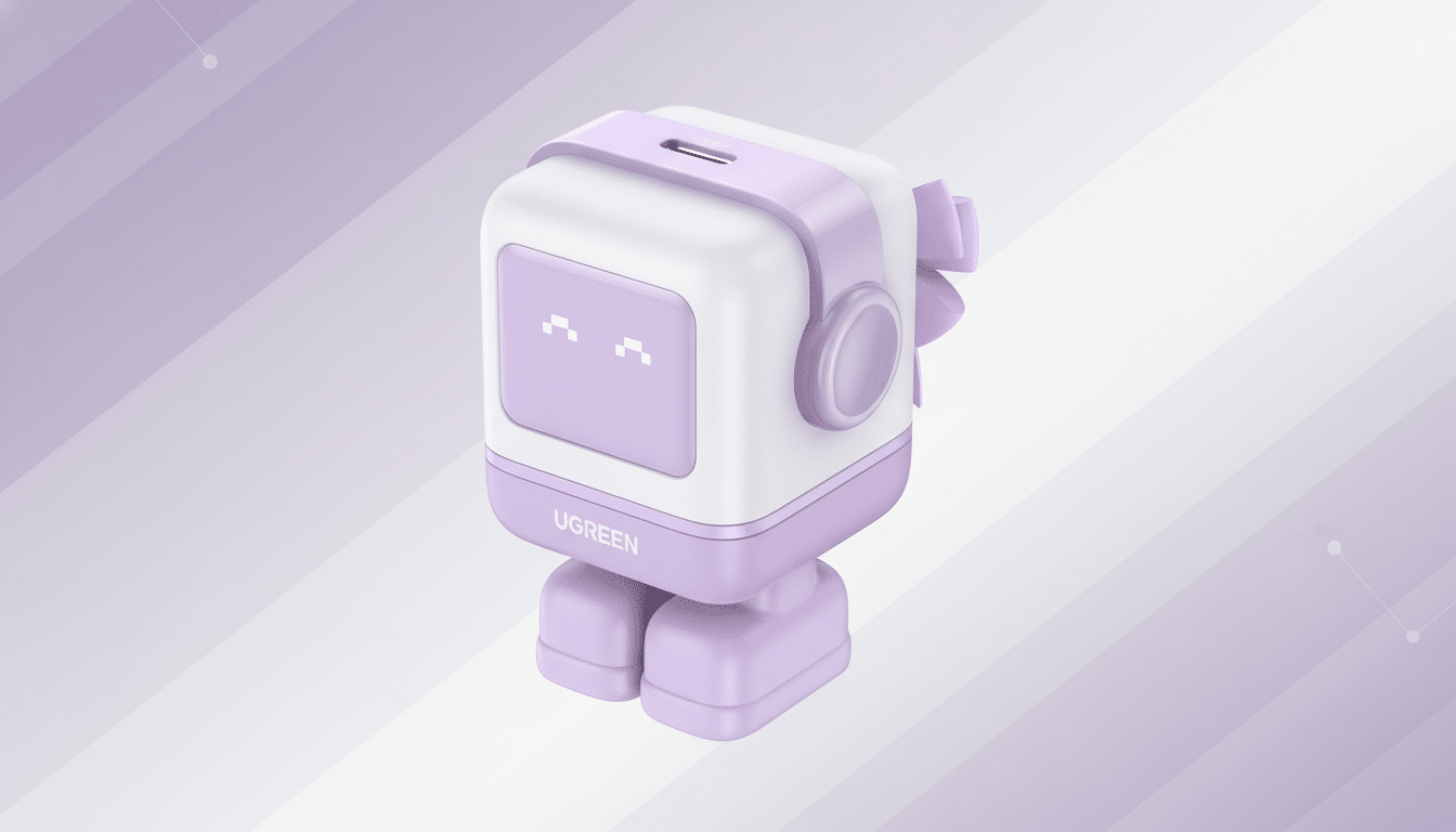 A UGREEN robot-shaped charger in white and lavender, with a pixelated face, on a professional lavender and white striped background.