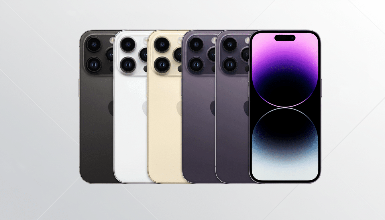 Four iPhone 14 Pro Max phones in different colors (space black, silver, gold, and deep purple) are displayed side-by-side against a professional flat design background with soft patterns and gradients.