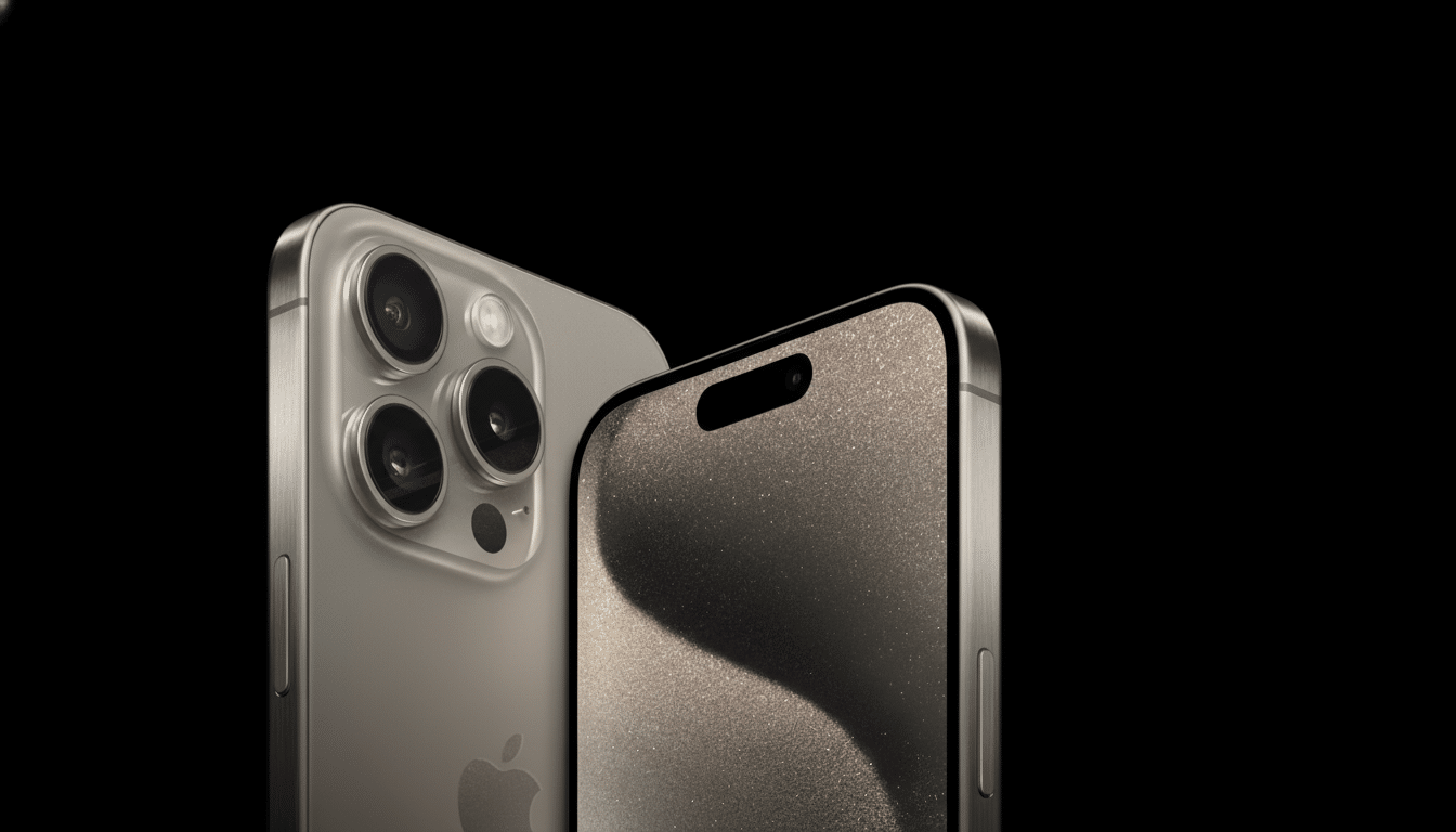 A silver iPhone 15 Pro Max shown from the back and front, with its camera array and dynamic island visible, against a black background.