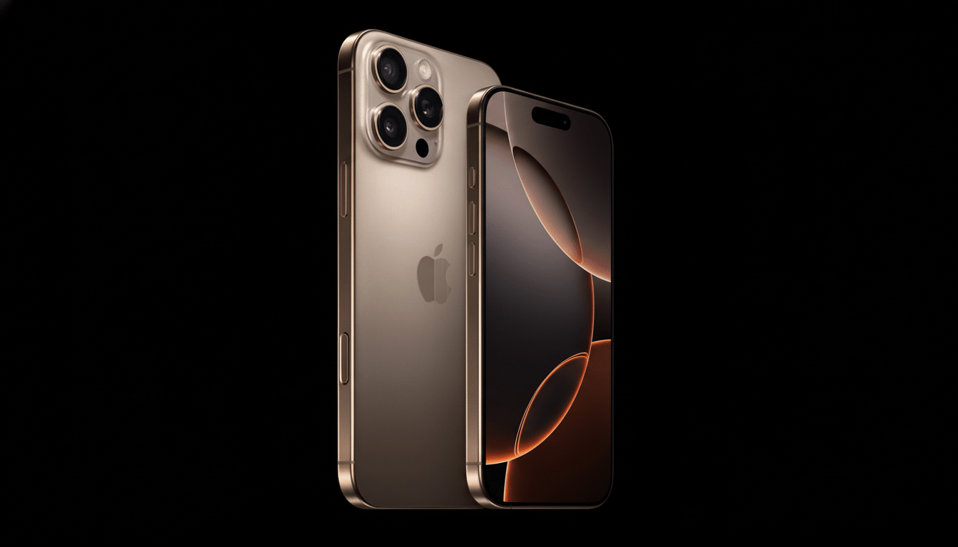 A gold iPhone 15 Pro Max is shown from the back and front, with the screen displaying an abstract orange and black wallpaper, set against a black background.