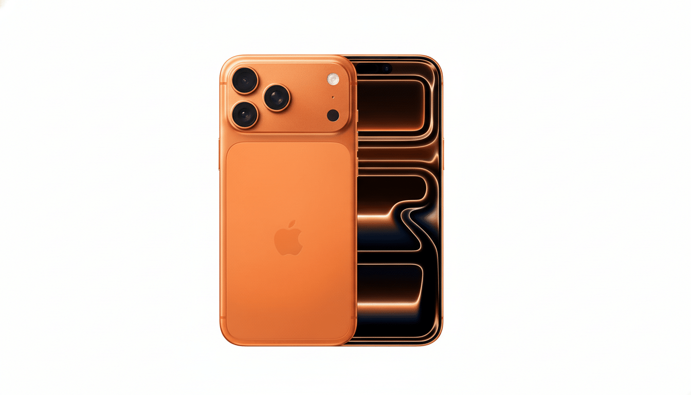 A professional, enhanced image of an orange iPhone in a 16:9 aspect ratio, with a clean white background.