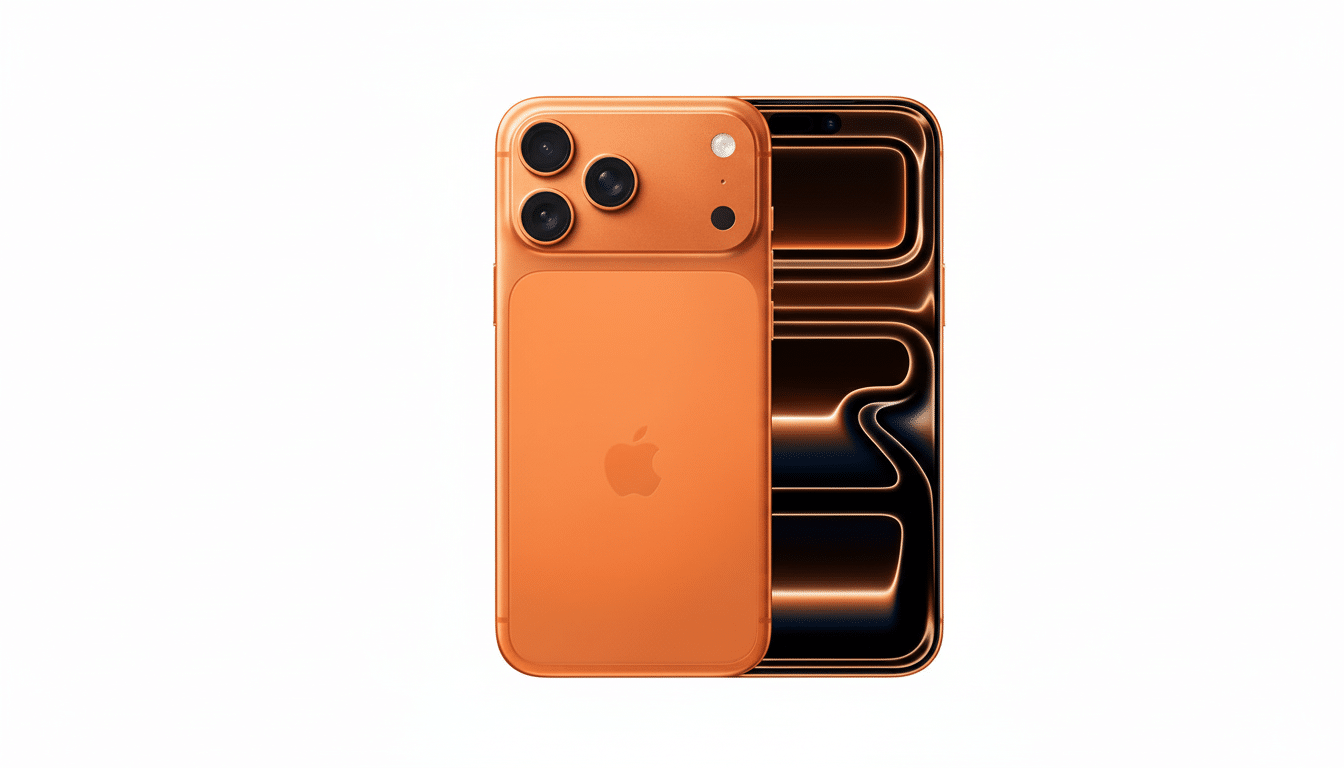 An orange iPhone with three cameras on the back and a glowing screen, presented on a clean white background.