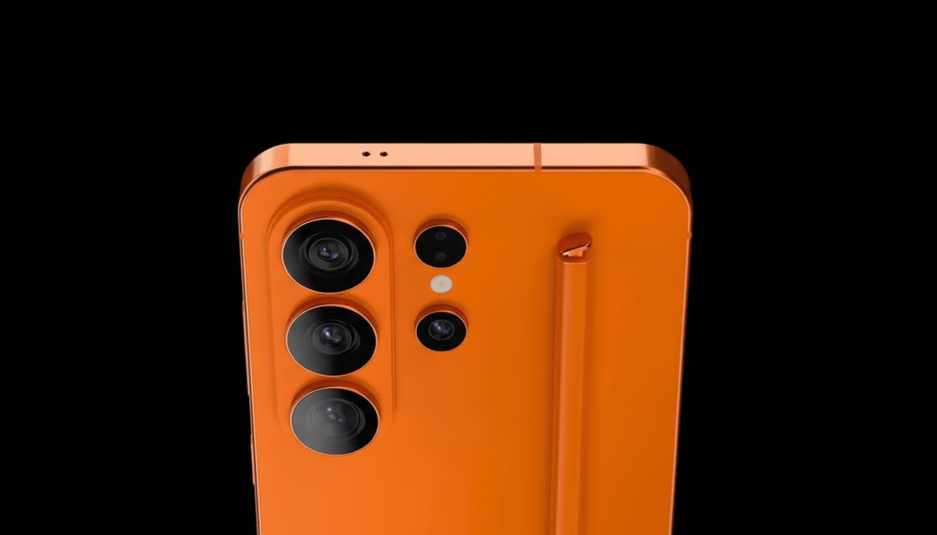 A close-up, professional shot of the top portion of an orange smartphone, showcasing its camera array and a stylus slot, set against a solid black background.
