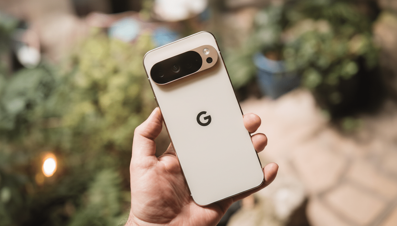 A hand holding a Google Pixel 7 Pro in a natural outdoor setting.
