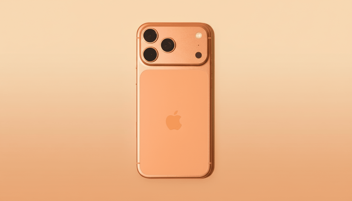 A peach-colored smartphone with three camera lenses and an Apple logo on the back, presented on a peach background with a subtle gradient.