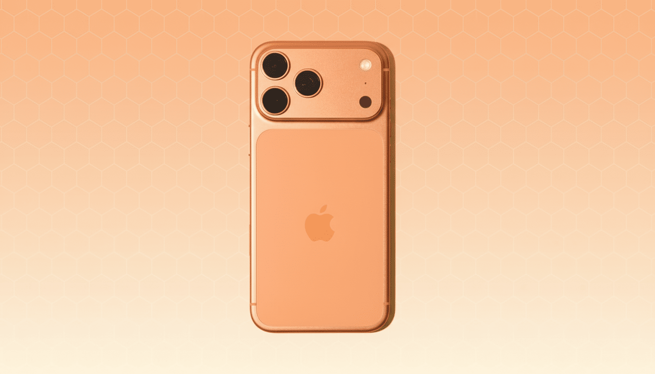 A peach-colored smartphone with three camera lenses and an Apple logo on the back, presented on a peach background with a subtle hexagonal pattern.